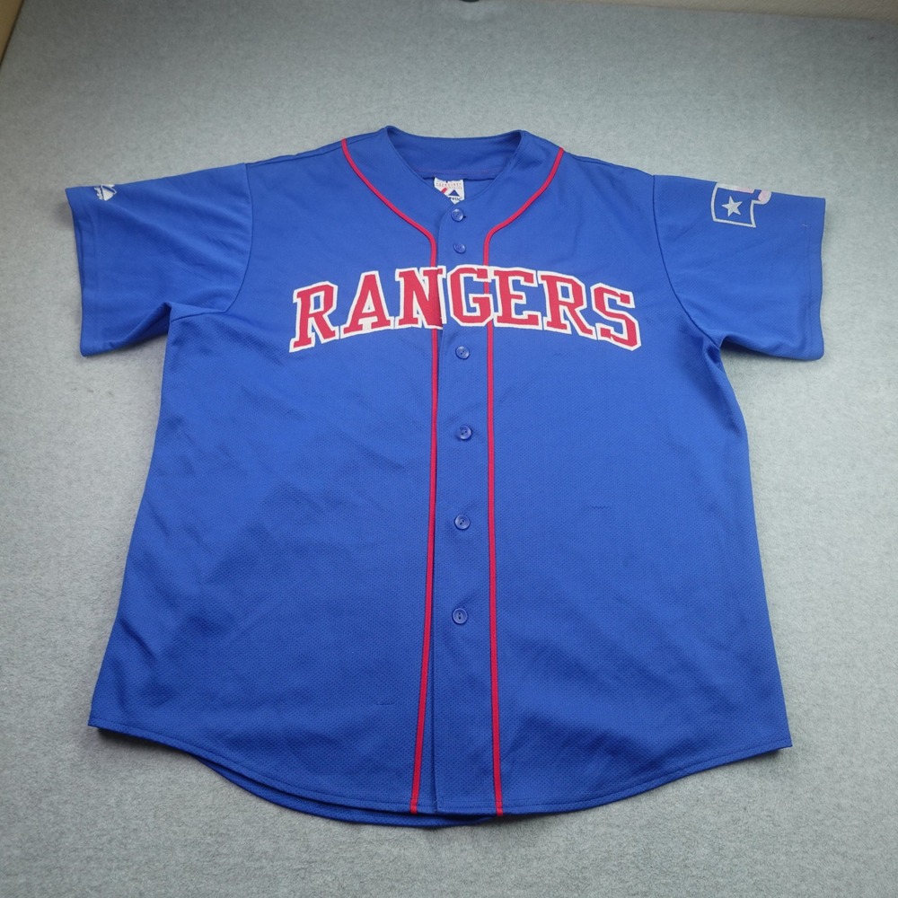 Texas Rangers Jersey Mens XL Royal Blue Athletic Button Up MLB Majestic‎
